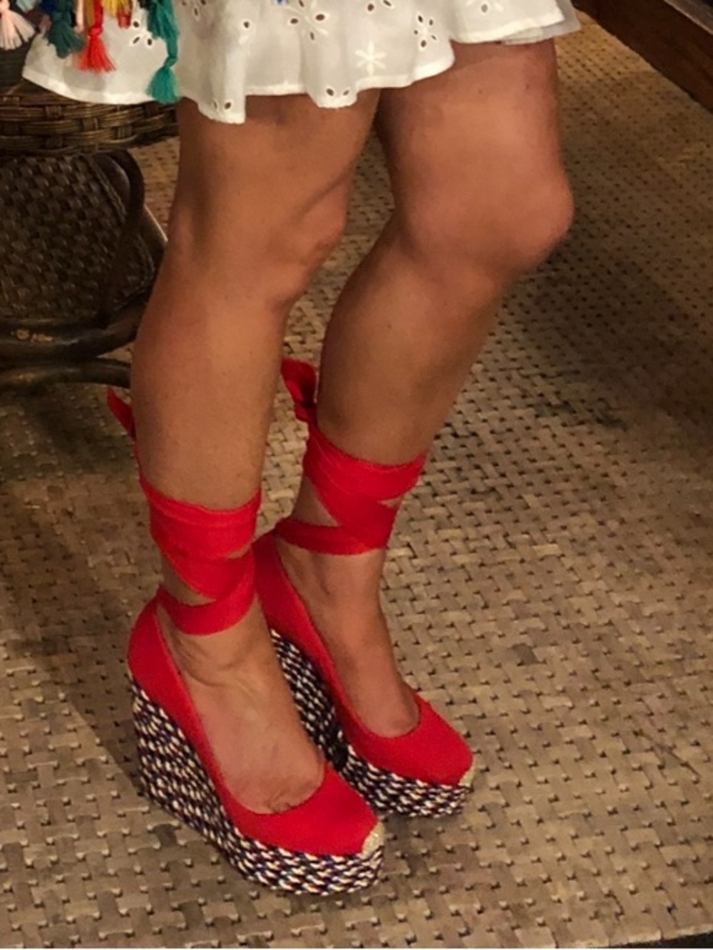 Christian Louboutin Red Canvas Espadrille Wedge Ankle Tie EU 37 | Worn Once